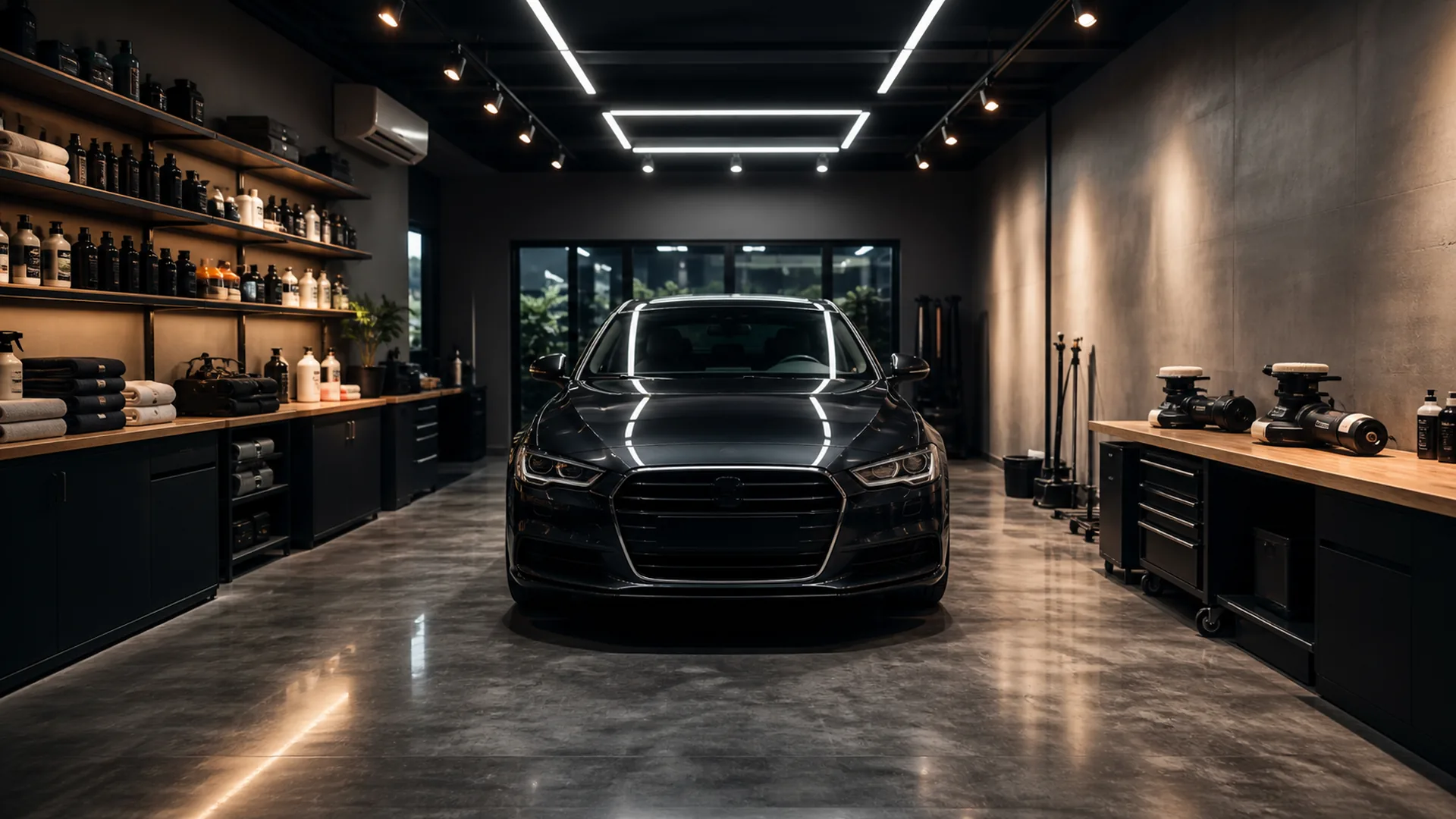 Aufbereitungsstudio mit poliertem Betonboden und Fahrzeug unter LED-Licht